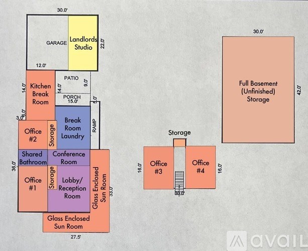 A floor plan of an apartment with a landlords studio, full basement storage, and four offices.
