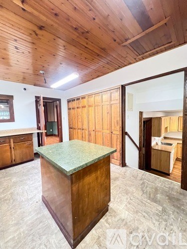 A room with wooden walls and a green counter.