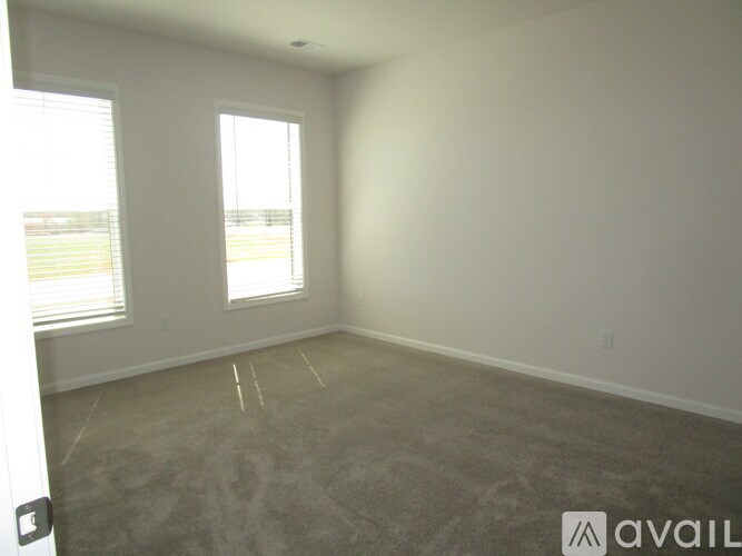 A room with two windows and a carpeted floor.