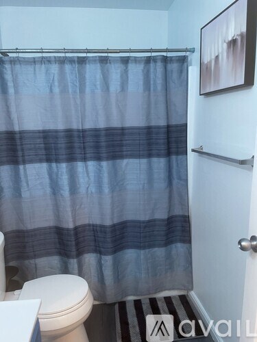 A bathroom with a toilet, a shower curtain and a painting on the wall.