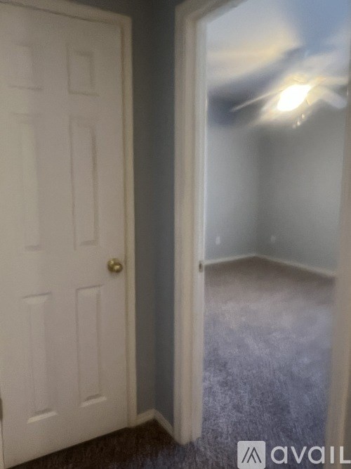 A white door with a gold handle is on the left and an open doorway leading to a room with a carpeted floor is on the right.
