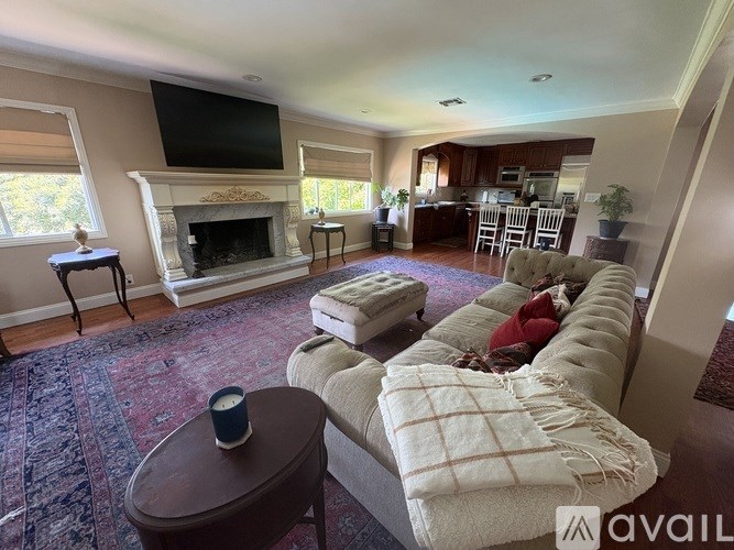 A living room with a couch, a fireplace, and a television.