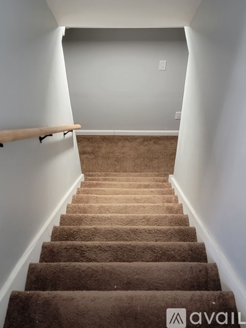 A staircase with a carpeted runner and a wooden handrail.