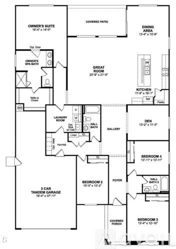 A floor plan of a house with a garage and a den.