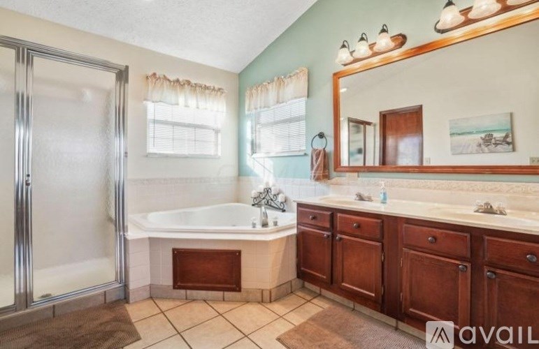 A bathroom with a large tub and a walk-in shower.