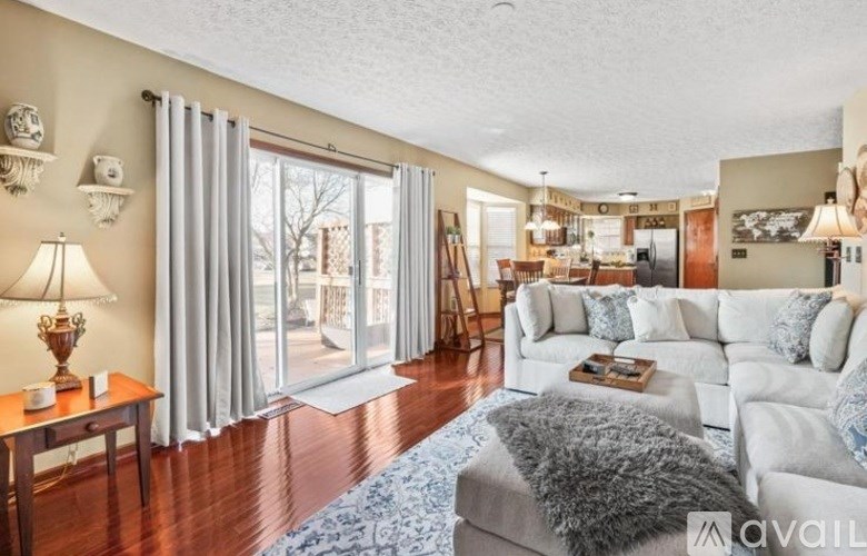 A living room with a white couch and a grey rug.