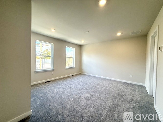 A spacious room with carpeted floor and two windows.