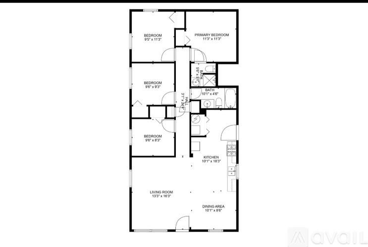 A floor plan of an apartment with four bedrooms and a dining area.