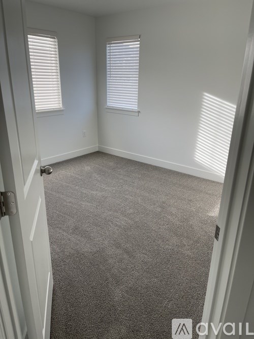 A carpeted room with a door and two windows.
