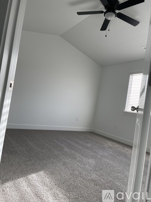 A room with a ceiling fan and carpeted floor.