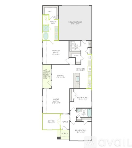 A floor plan of an apartment with a 2-bay garage.