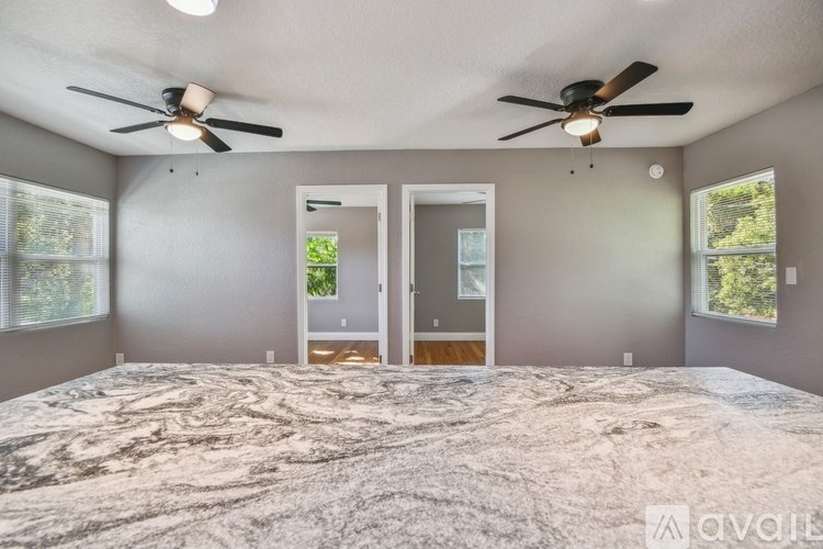 A bedroom with a large bed and two ceiling fans.