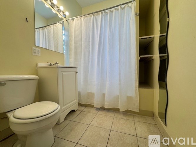 A bathroom with a toilet, sink, and shower curtain.