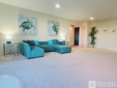 A living room with a blue couch and two turtle paintings on the wall.