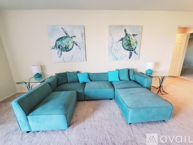 A blue couch in a room with two turtle pictures on the wall.