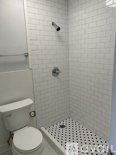 A white toilet in a small bathroom with a shower.