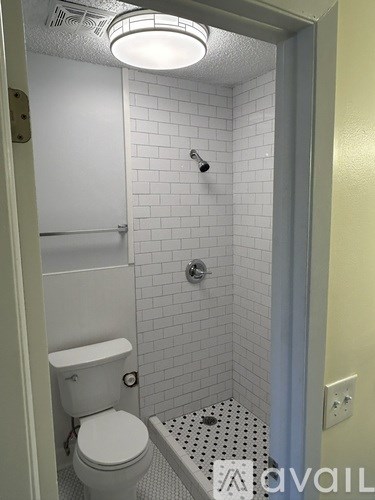 A white toilet is in a small bathroom with a shower.