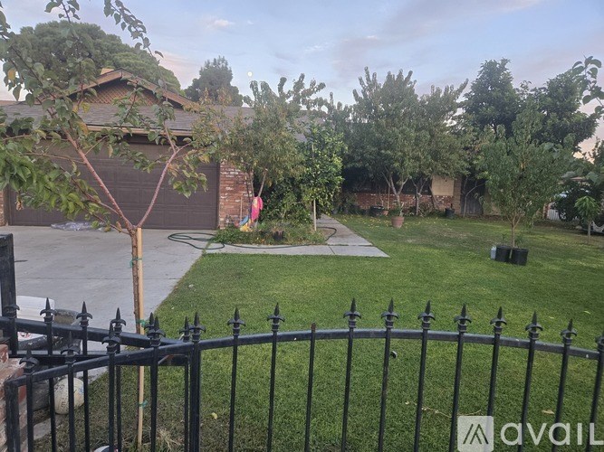 A black fence with a metal gate in front of a tree and a building.
