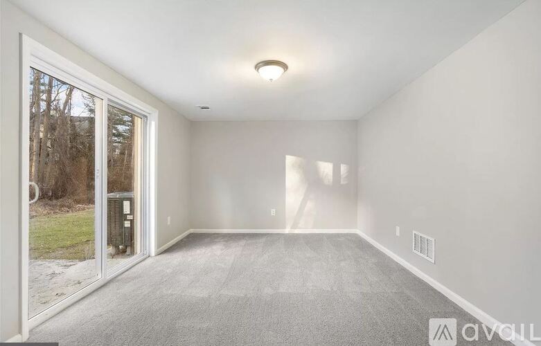 A room with a carpeted floor and a sliding glass door leading outside.