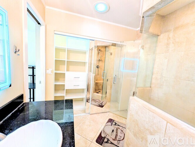 A bathroom with a walk-in shower and a vanity with a mirror.