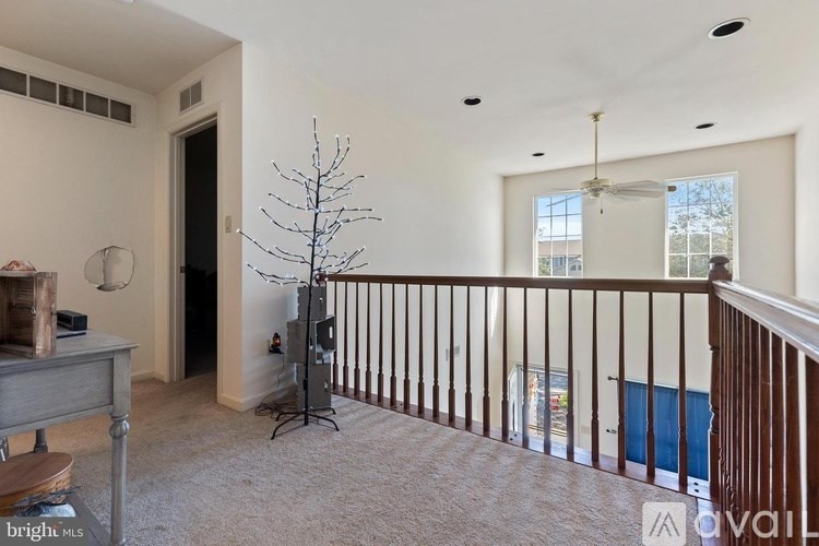 A room with a balcony and a tree in a vase.