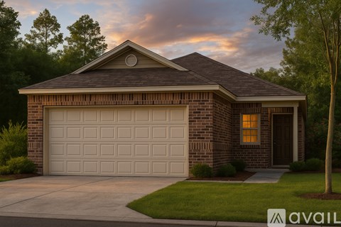 A house with a garage door and a tree in front of it.