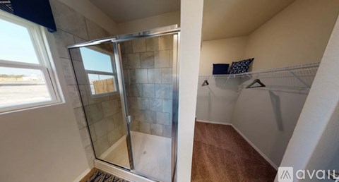 A bathroom with a walk-in shower and a window.