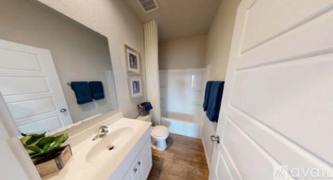 A bathroom with a white sink and a mirror above it.