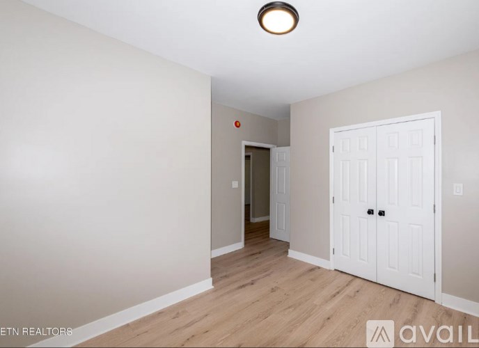 A room with a white door and a light on the ceiling.
