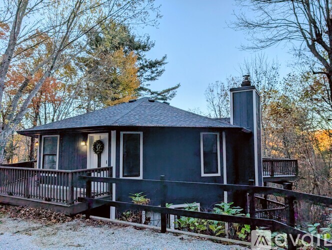 A small house with a porch and a chimney is surrounded by trees.