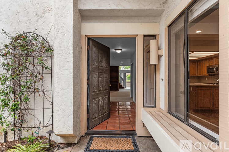 A white wall with a doorway and a plant on the left.