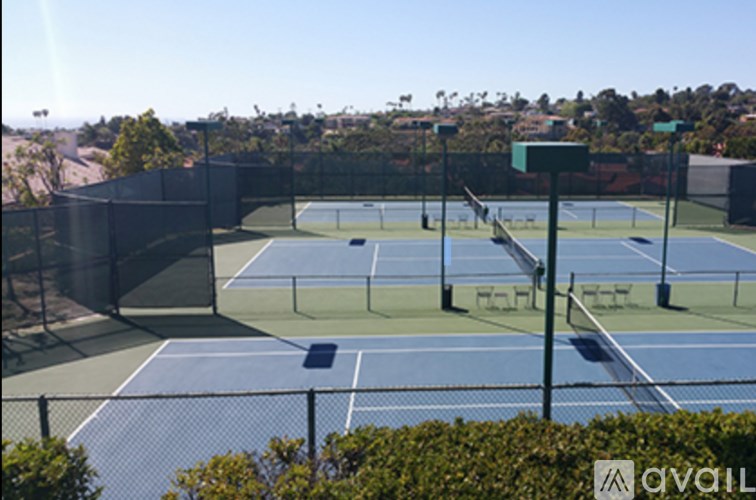 Tennis courts surrounded by a fence with trees in the background.