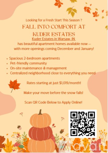 A fall-themed advertisement for Kuder Estates in Warsaw, IN, promoting spacious 2-bedroom apartments with pet-friendly policies and on-site maintenance.
