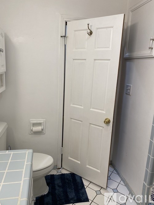 A white door with a gold handle is open to a bathroom.