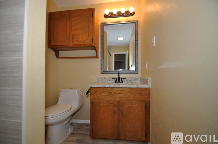 A bathroom with a toilet, sink and wooden cabinets.