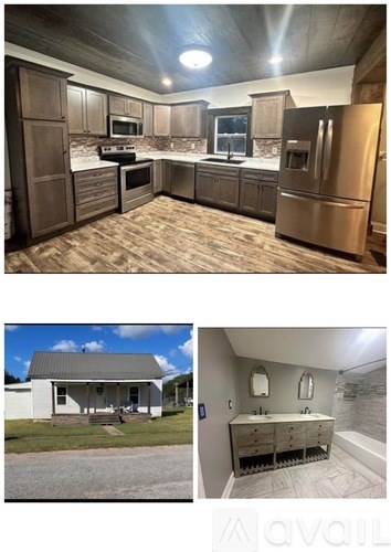 A kitchen with wooden cabinets and a refrigerator, a house with a porch and a bathroom with a sink and mirror.