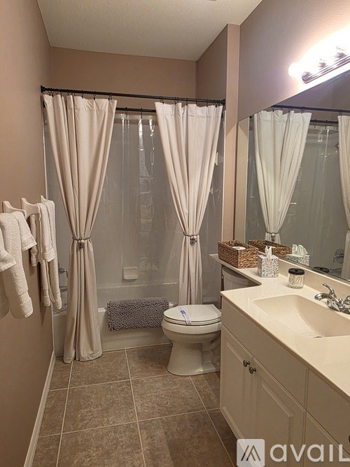 A bathroom with a toilet, sink, and shower curtains.