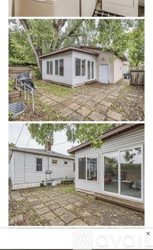 Two images of a mobile home with a patio and a backyard.