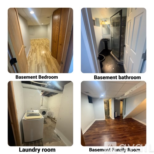 Four images of a basement with a laundry room, bedroom, bathroom, and family room.