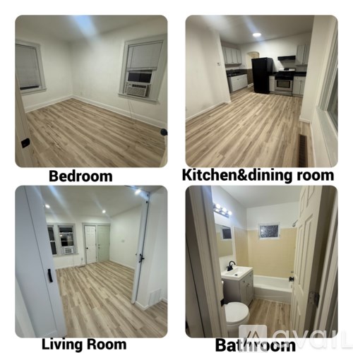 Four images of a bedroom, kitchen, living room, and bathroom.