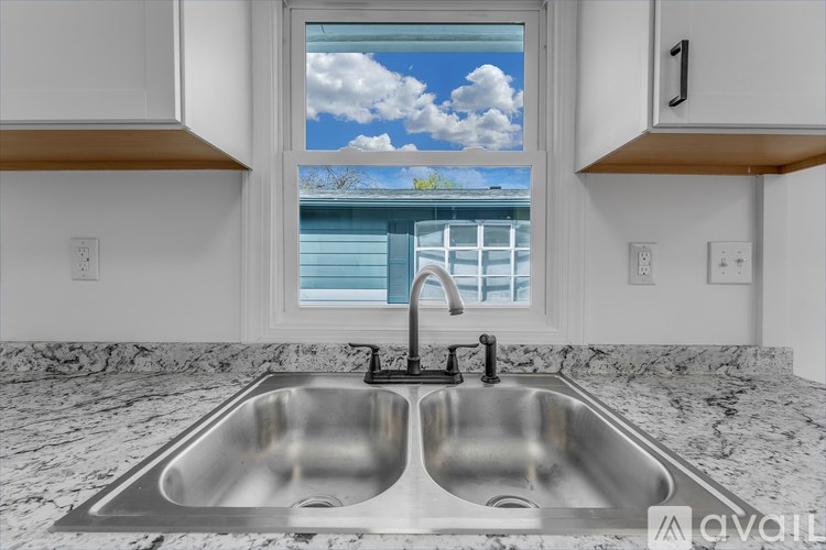 A modern kitchen with a double sink and a window overlooking the water.