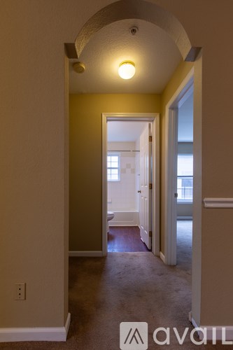 A hallway with a carpeted floor and a light on the ceiling.