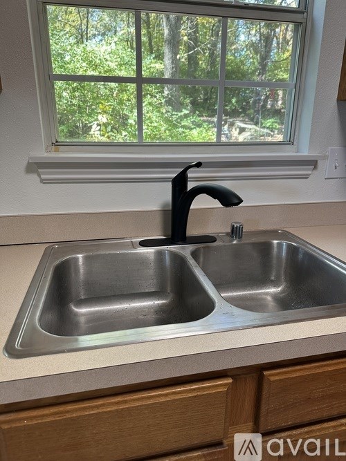 A kitchen sink with a black faucet and a window in the background.