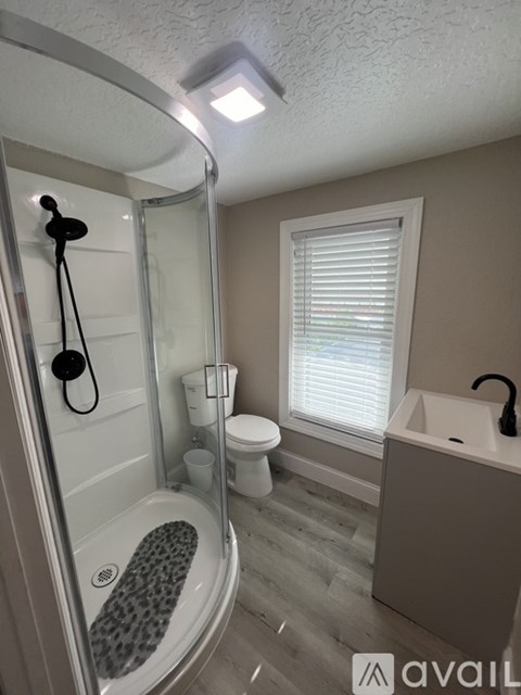 A bathroom with a walk-in shower, toilet, and sink.