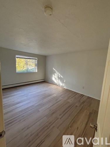 A room with wooden flooring and a window letting in sunlight.