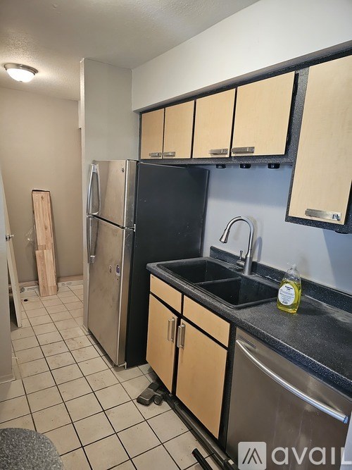 A kitchen with a black fridge and a black counter top.