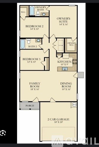 A floor plan of a house with a garage and a porch.