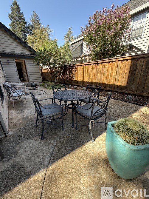 A patio with a table and chairs and a cactus.