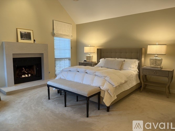 A bedroom with a large bed, a fireplace, and a nightstand with a lamp.