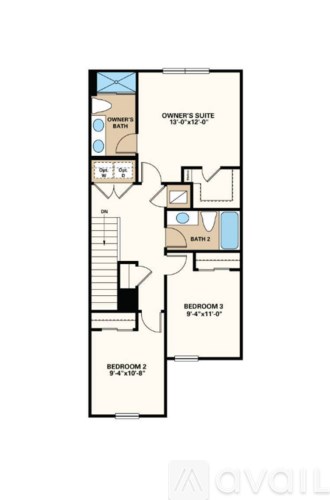 A floor plan of an apartment with three bedrooms and a second bathroom.